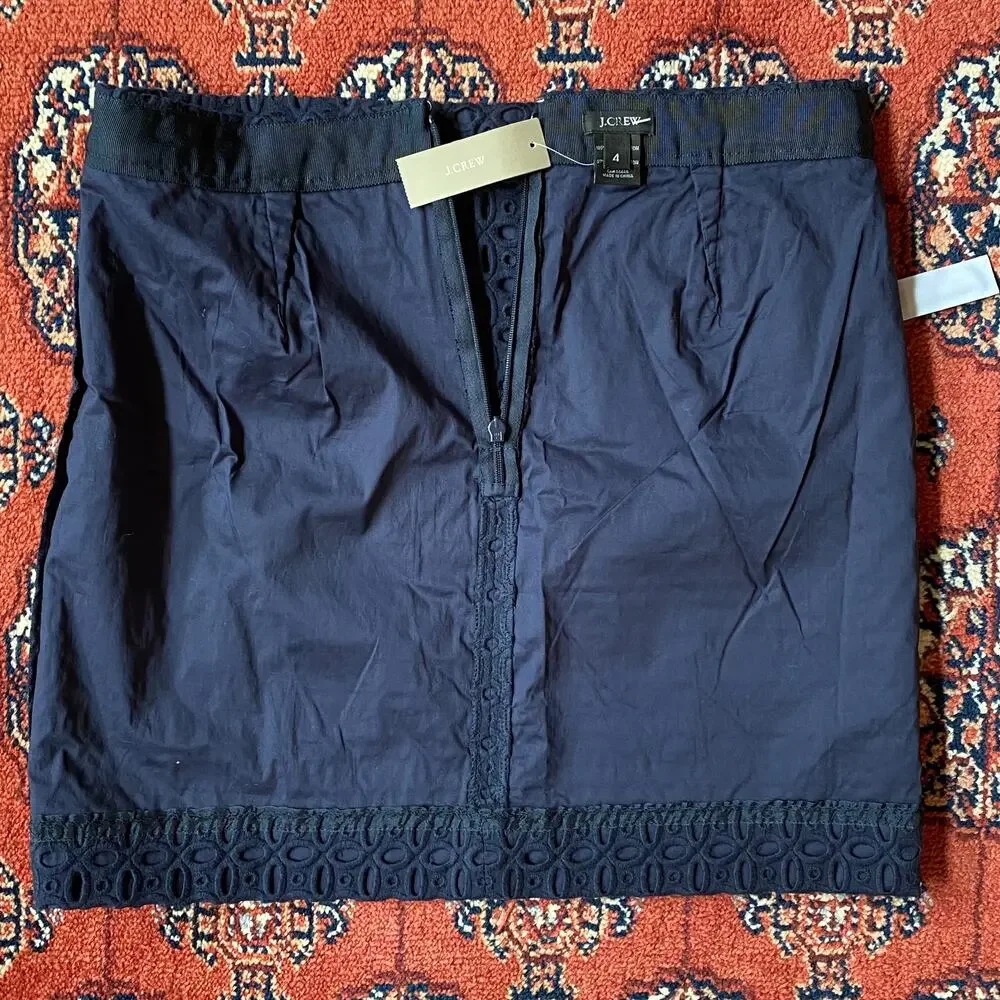 BRAND NEW J.Crew 4 Navy Blue Eyelet‎ Mini Pencil Skirt Fully Lined, All Cotton